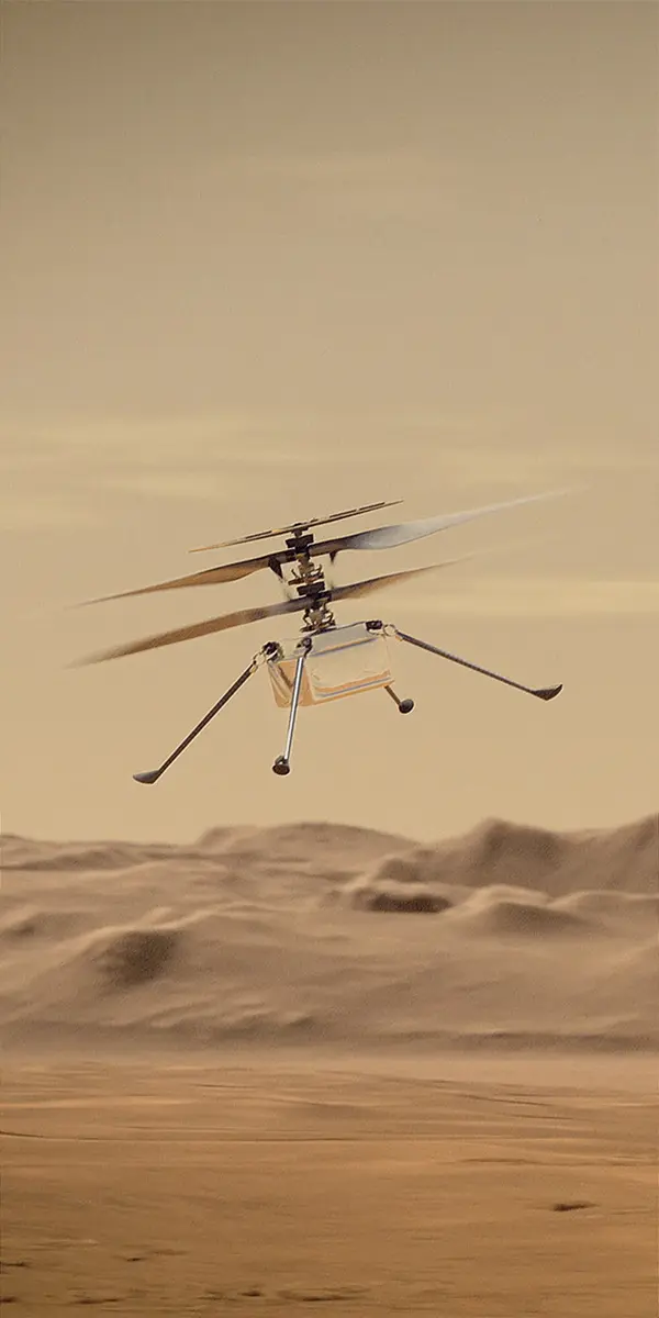 A NASA Mars helicopter hovering above the surface of Mars, with its blades in motion against a hazy sky in an impressive animation