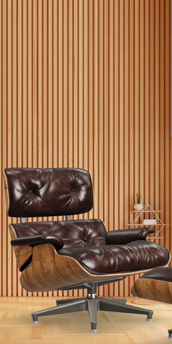 A classic Eames lounge chair with a matching ottoman set against a striped wooden wall, rendered in detailed 3D design