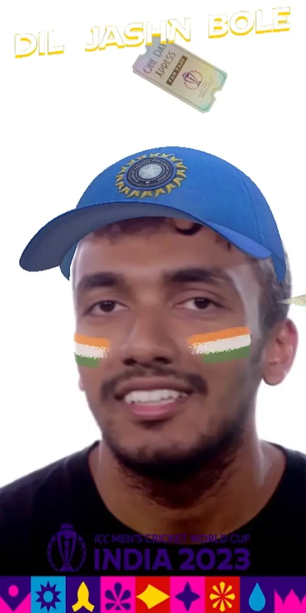 Cricket fan showing off team India pride with 3D design face paint and a themed cap, ready to cheer at the ICC Men's Cricket World Cup India