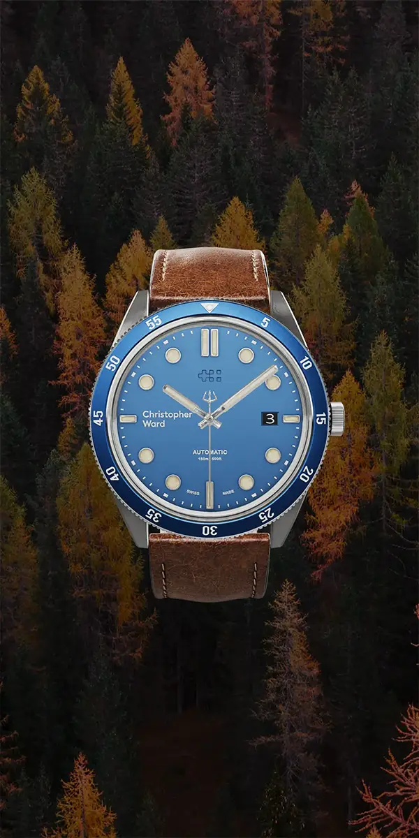 A stylish Christopher Ward automatic watch, created with intricate 3D modeling, against a serene backdrop of autumnal woodland