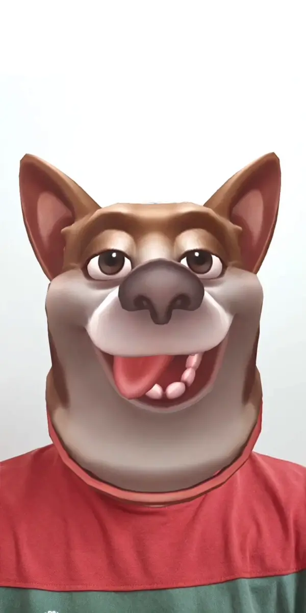 A whimsical hybrid image of a person with the 3d animated, cheerful face of a dog, wearing a red t-shirt, perfect for an Instagram post